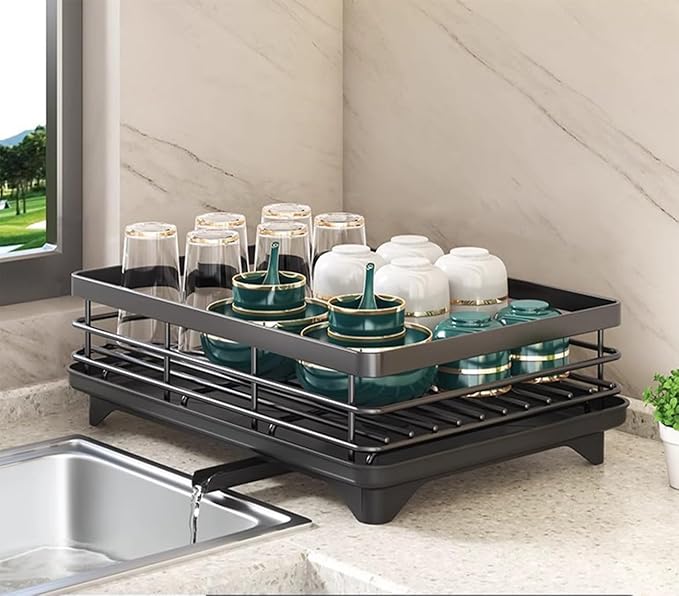 Large Dish Drying Rack - Extendable Dish Rack,Multifunctional Dish Rack for Kitchen Counter,Drying Rack Anti-Rust Dish Drainers with Cutlery & Cup Holders (Black)