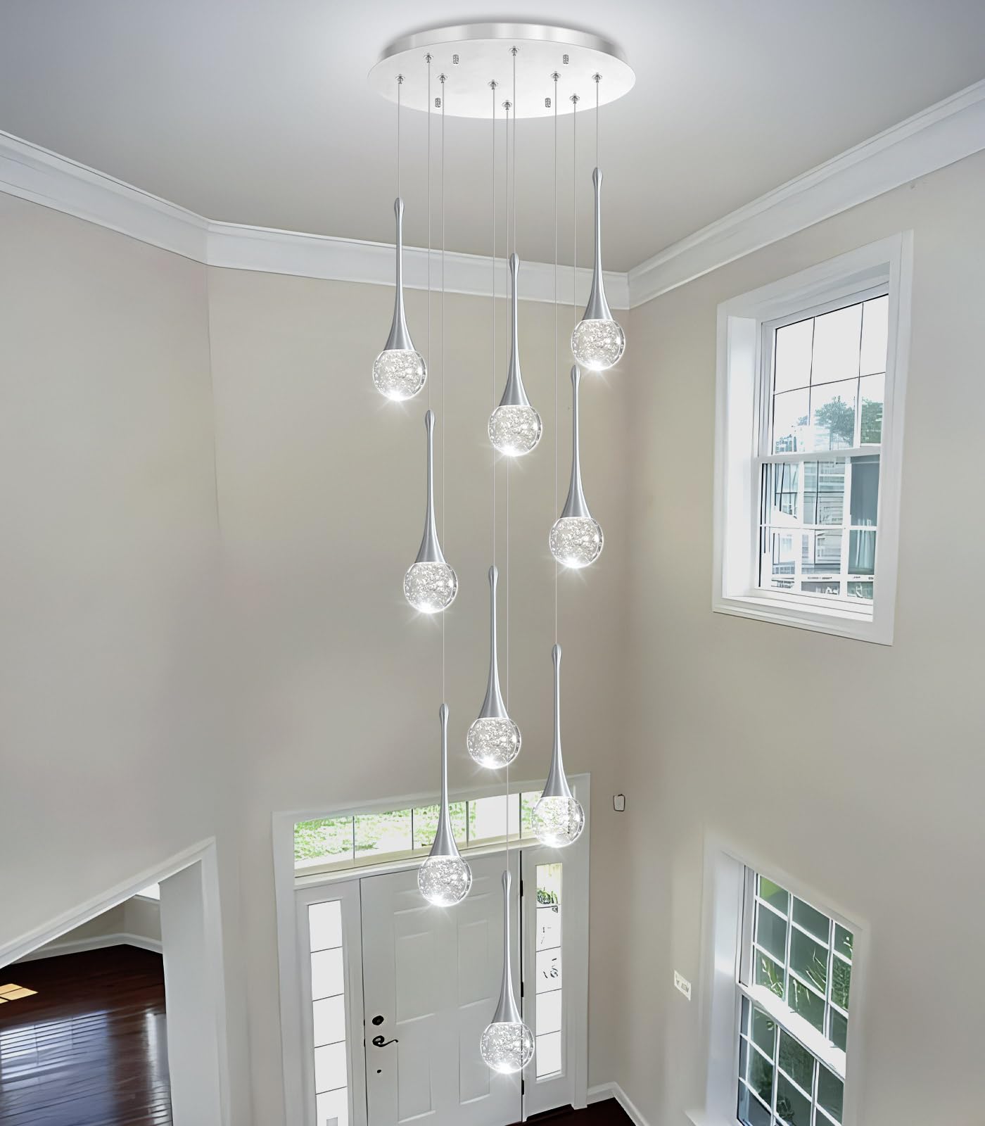 9 Light Modern Glam Crystal Chandelier For High Ceiling Led Dimmable Ceiling Pendant Light Staircase Foyer Enterway Living Room Chandelier Lighting Antique Silver