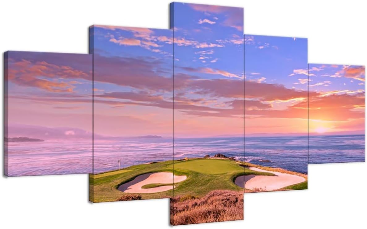 chenchenArt Pebble Beach Golf Course Hole 7 Wall Art for Living Room Bedroom Bathroom Home Decorations Monterey California USA Golf Course Pictures Canvas Prints Framed Ready to Hang(50''W x 24''H)