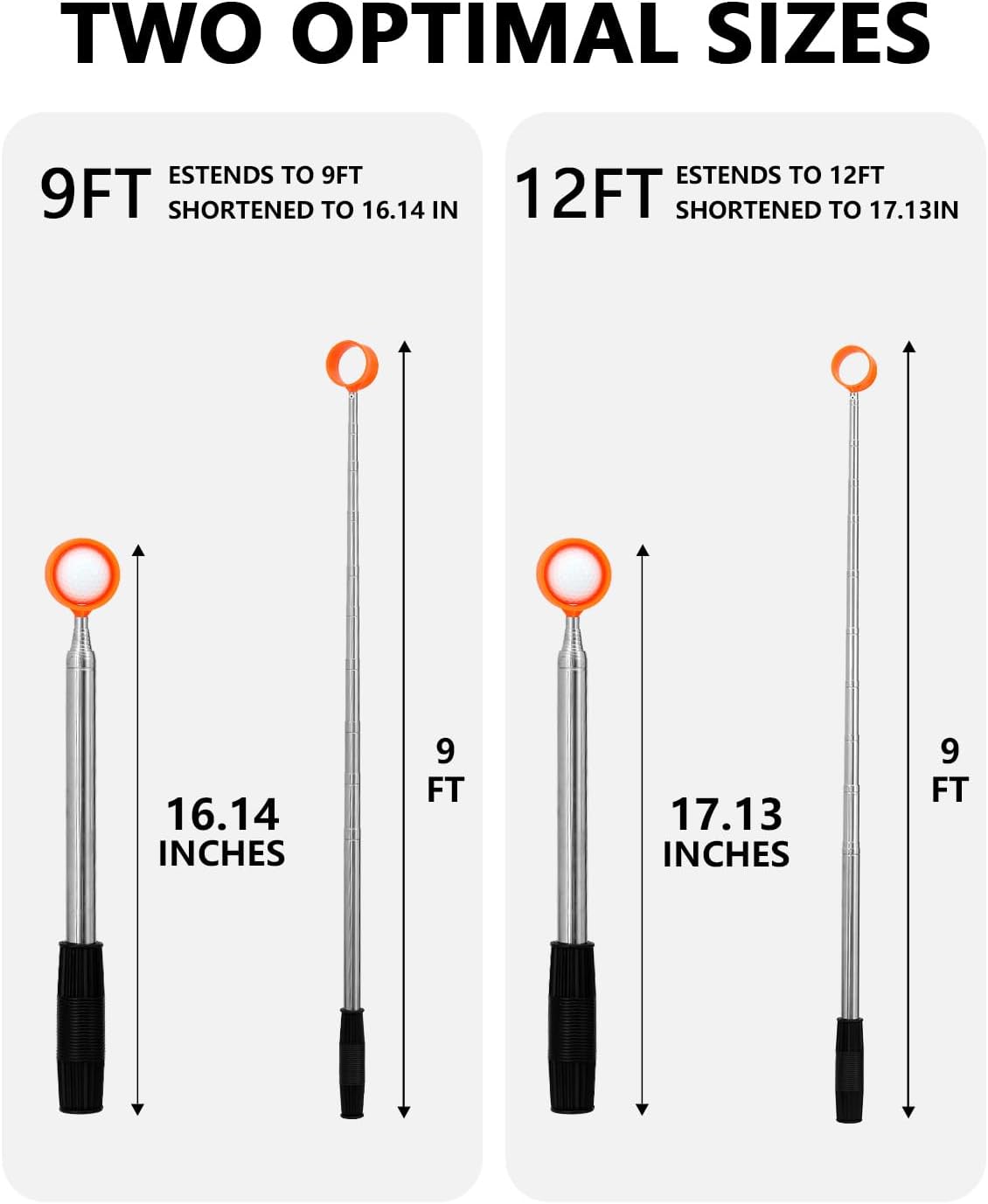 Telescopic Golf Ball Retriever (9/12ft) | Picker Upper Tool | Premium Stainless Steel & Double-Sided Head