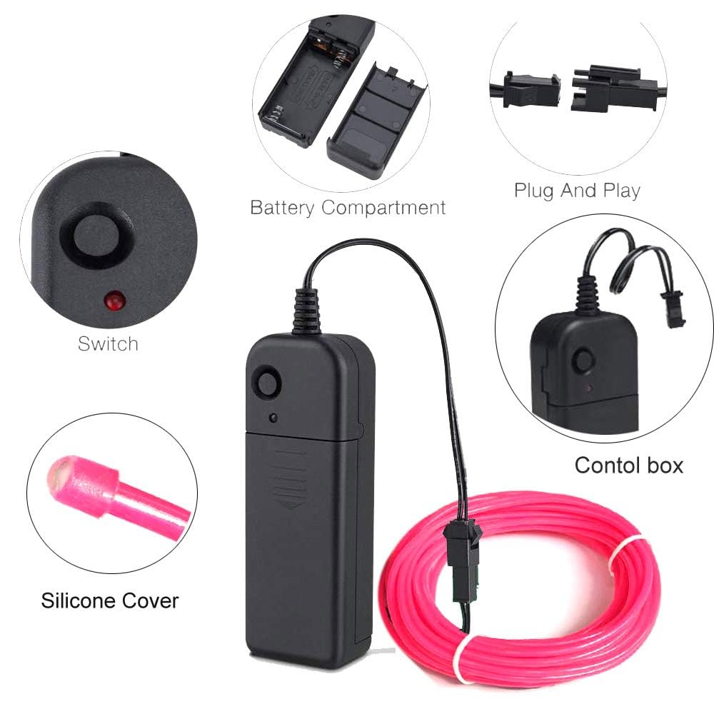 MaxLax EL Wire Neon Lights Strip, 2M Pink Glowing Rope, 360° Cuttable for Parties & DIY Decoration