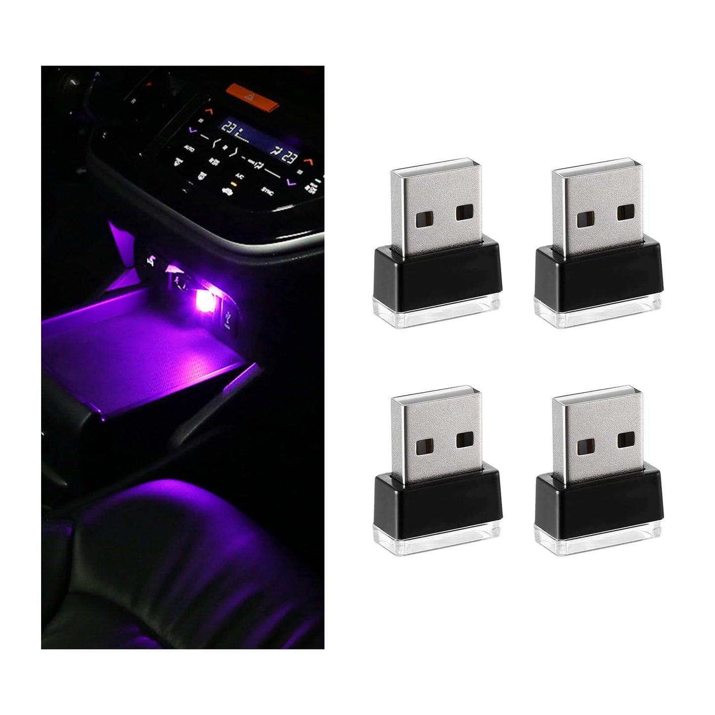 Sylvil 4 Pcs Usb Led Car Interior Atmosphere Lamp  Portable Mini Led Night Light  Plug-In Usb Interface Trunk Ambient Lighting Kit  Universal Interior Car Accessories (Purple)