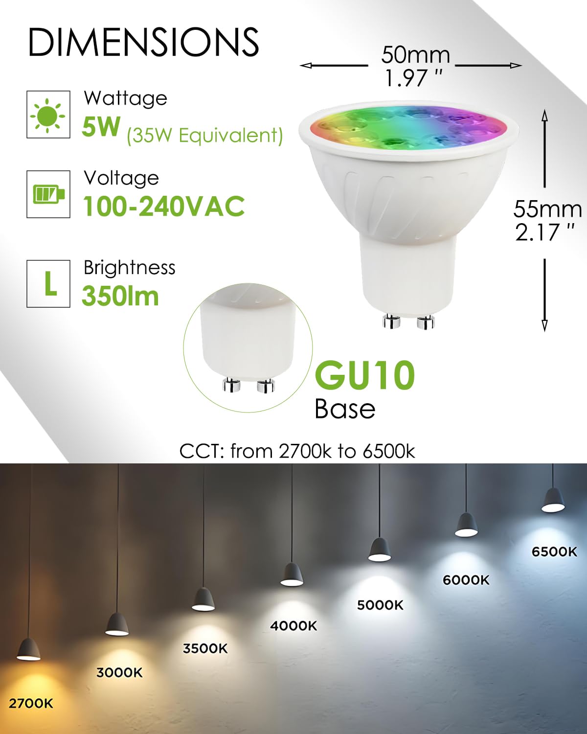 Noobibaba GU10 LED Bulbs, Color Changing RGB + Adjustable White 2700K-6000K, 5W, Model GU10-5W-D, 3-Pack