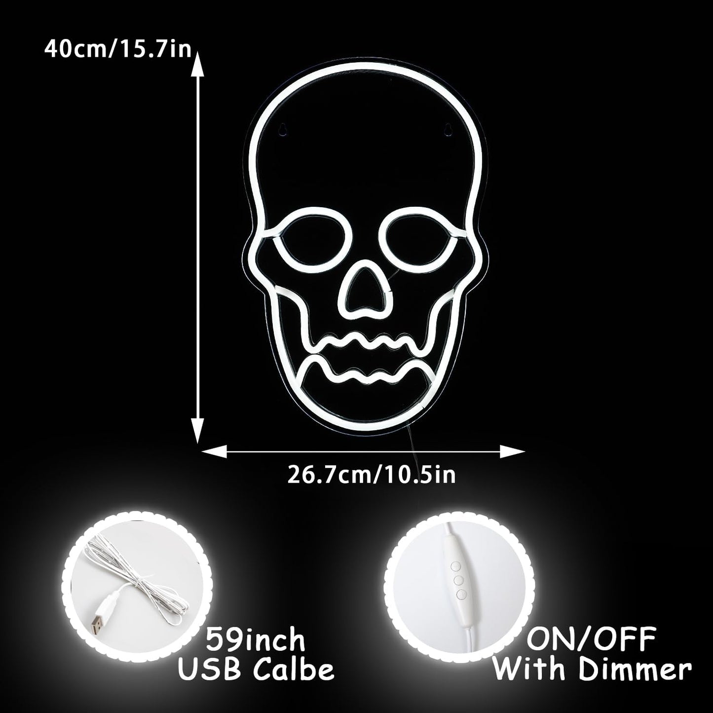 Alkkign Skull Neon Sign, White Ghost LED Light for Halloween, Man Cave, Game Room, Plastic Material