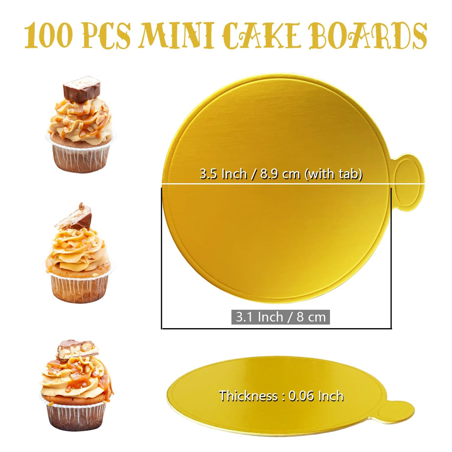 CEWIFO Mini Cake Boards, Gold Cake Boards 100 Pcs Food-Graded Cake Base, Gold Circle Base 3.1 inch Round Paper Cupcake Dessert Displays Tray for Cake DIY, Baking Dessert Party Wedding Birthday