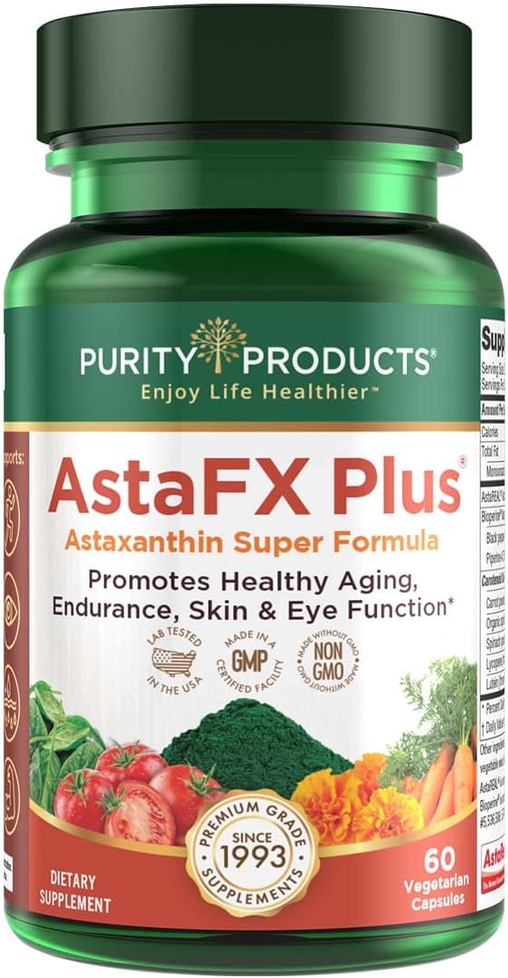 Purity Products AstaFX Plus - Astaxanthin Super Formula - 30 Day Supply from Supports Endurance - Promotes Healthy Skin - Supports Visual Health - Up to 6,000 Times More Powerful Than Vitamin C