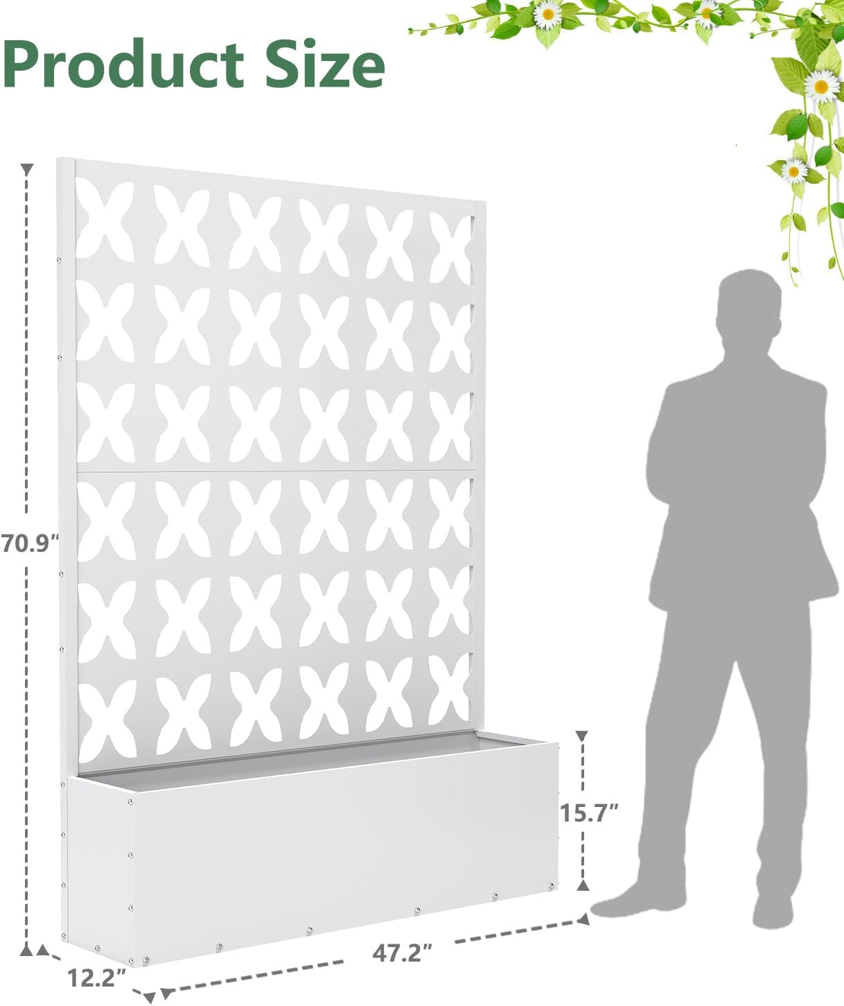 2PCS Metal Planter Box with Trellis,70.9"x47.2"x15.7" Raised Garden Bed with Drainage Holes, Privacy Planters for Outdoor Garden Bed for Climbing Plants,Vegetables,and Vines, White-X