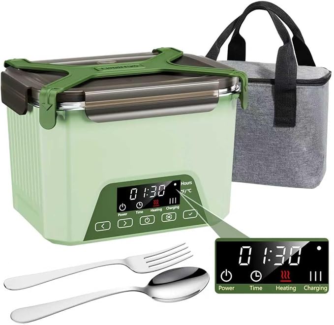 Cordless Electric Lunch Box, 1.2L Self Heating Lunch Box Battery Powered with Automatic Heating, BPA Free, Meal Prep Friendly (Green)