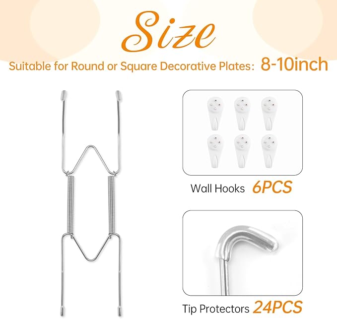 6 Pack Plate Hangers for The Wall, Suitable for 8-10 inch Art Plate, Stainless Steel Invisible Heavy Duty Wire Plate Holder with Wall Hooks, Plate Hangers for Displaying Plates, Platter, Dish, Silver