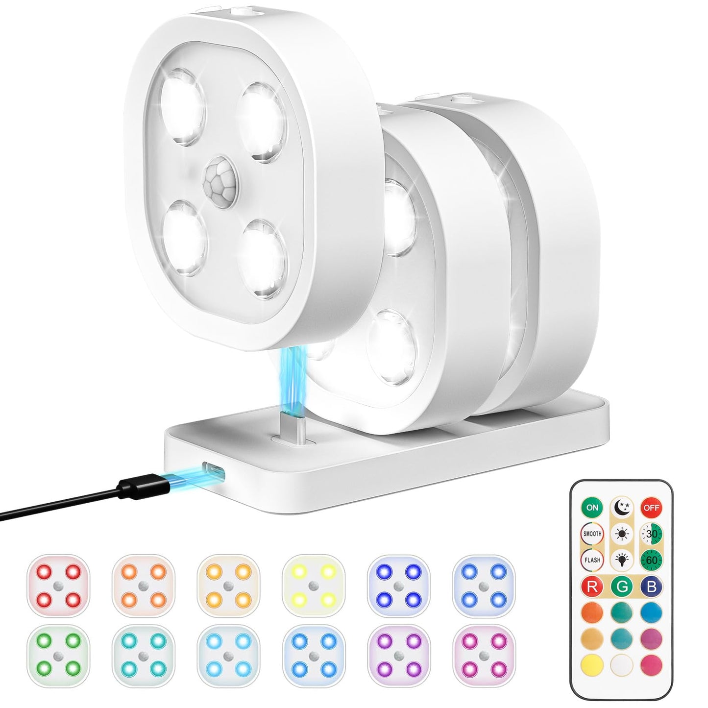 Lightbiz 3PCS Motion Sensor Step Light, Wireless Rechargeable Puck Lights, RGB Color, Model C930-3, Ideal for Closet and Hallway