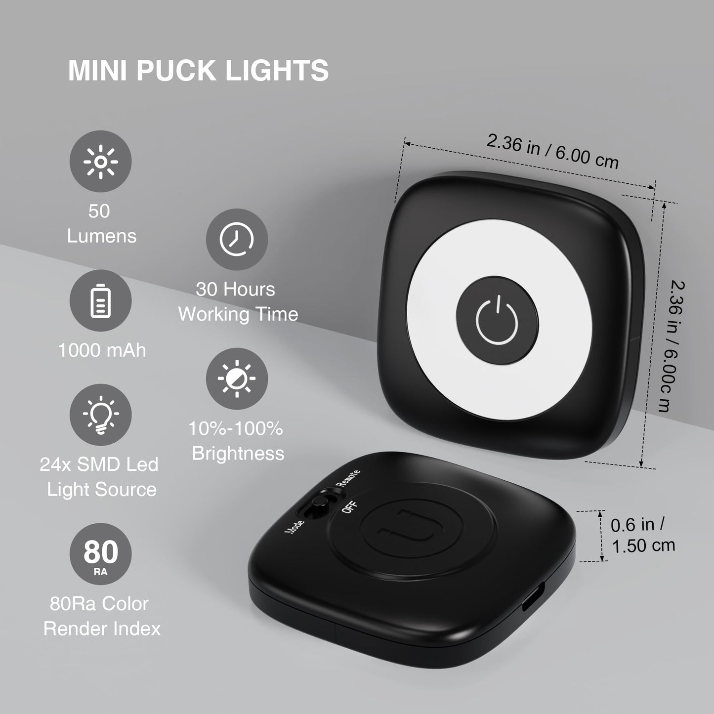 MICLIONLED Rechargeable Mini Puck Lights, Remote Control, Adjustable Brightness (10%-100%), 3 CCT, 6 Pack, White, Model M3-GB15