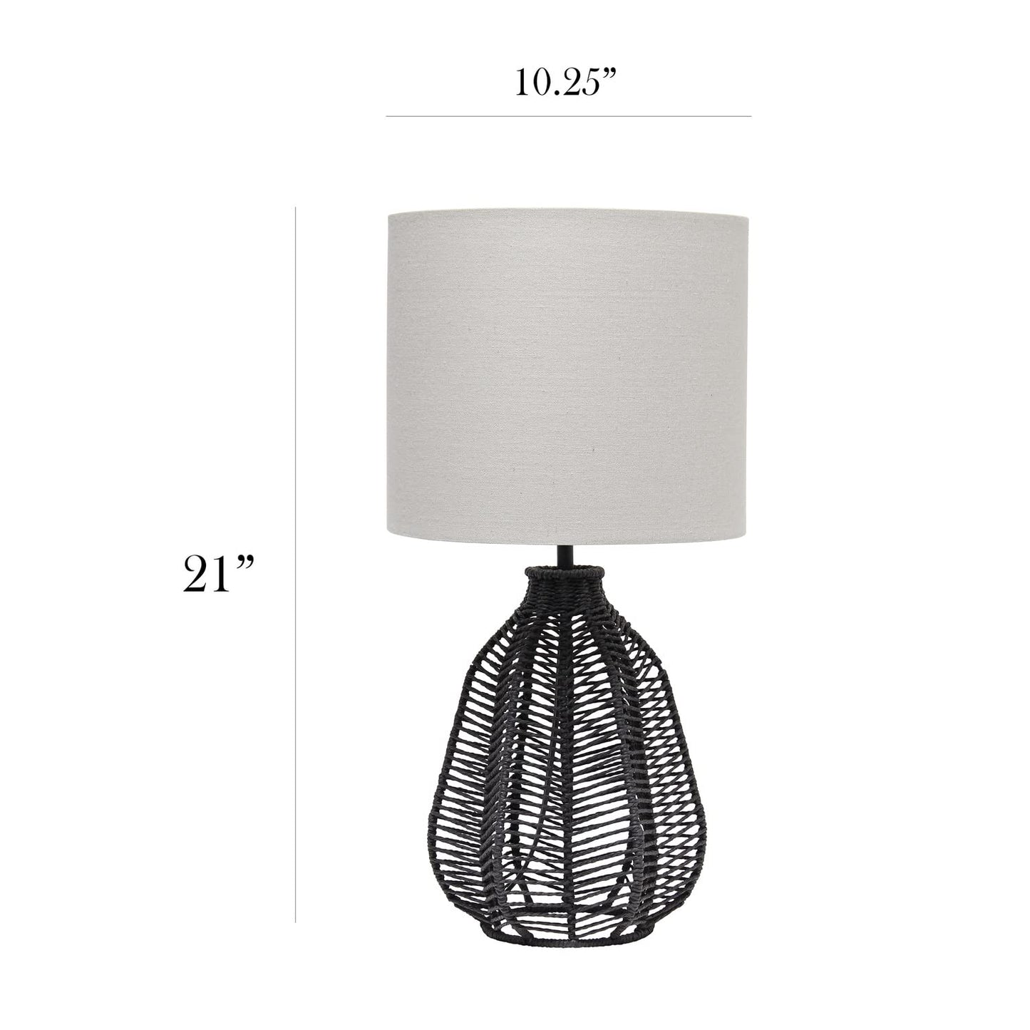 Elegant Designs Table Lamp, 21in Tall, Black/Light Gray, Paper Rope Rattan, Model LT2106-BLK
