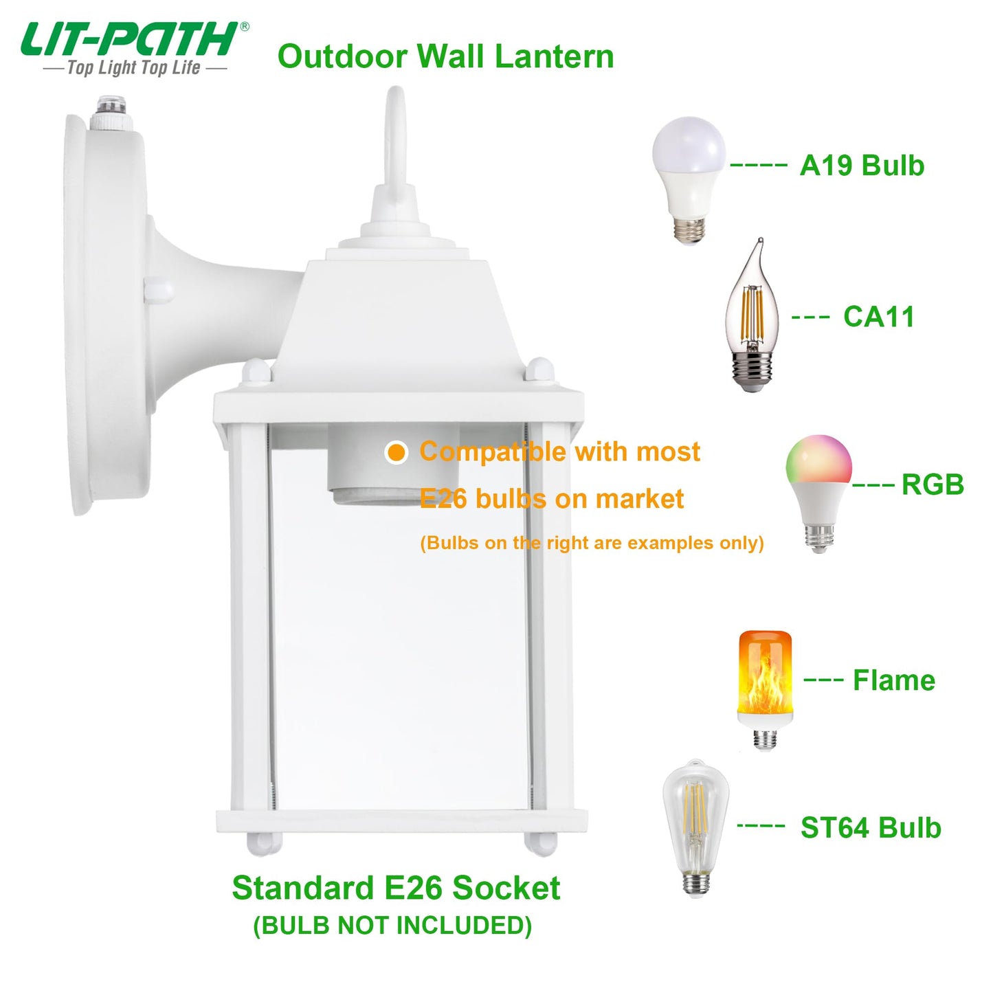 LIT-PaTH Dusk to Dawn Outdoor Wall Lantern, Waterproof Aluminum, E26 Base, 2-Pack, White, Model LT-WL009P-WT-2PK