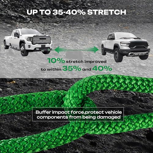 Kinetic Recovery Rope 1in x 20ft, Kinetic Rope Recovery Kit 48,600lbs Break Strength, with 2 Soft Shackles, 35% Elasticit...