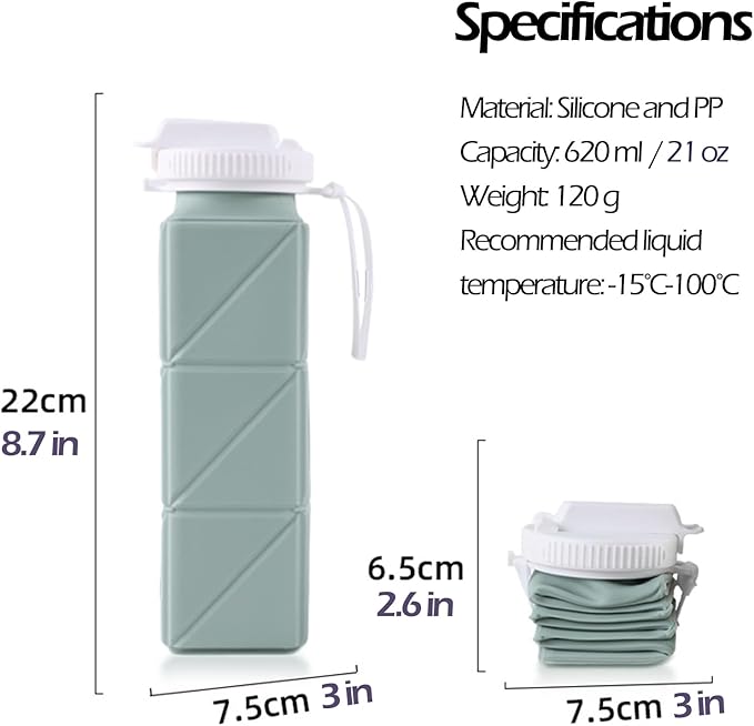 Collapsible Water Bottle, Silicone Foldable Water Bottles For Travel, Easy-To-Carry Design And Compact Size, BPA Free, 20 oz (Blue (Cuboid))