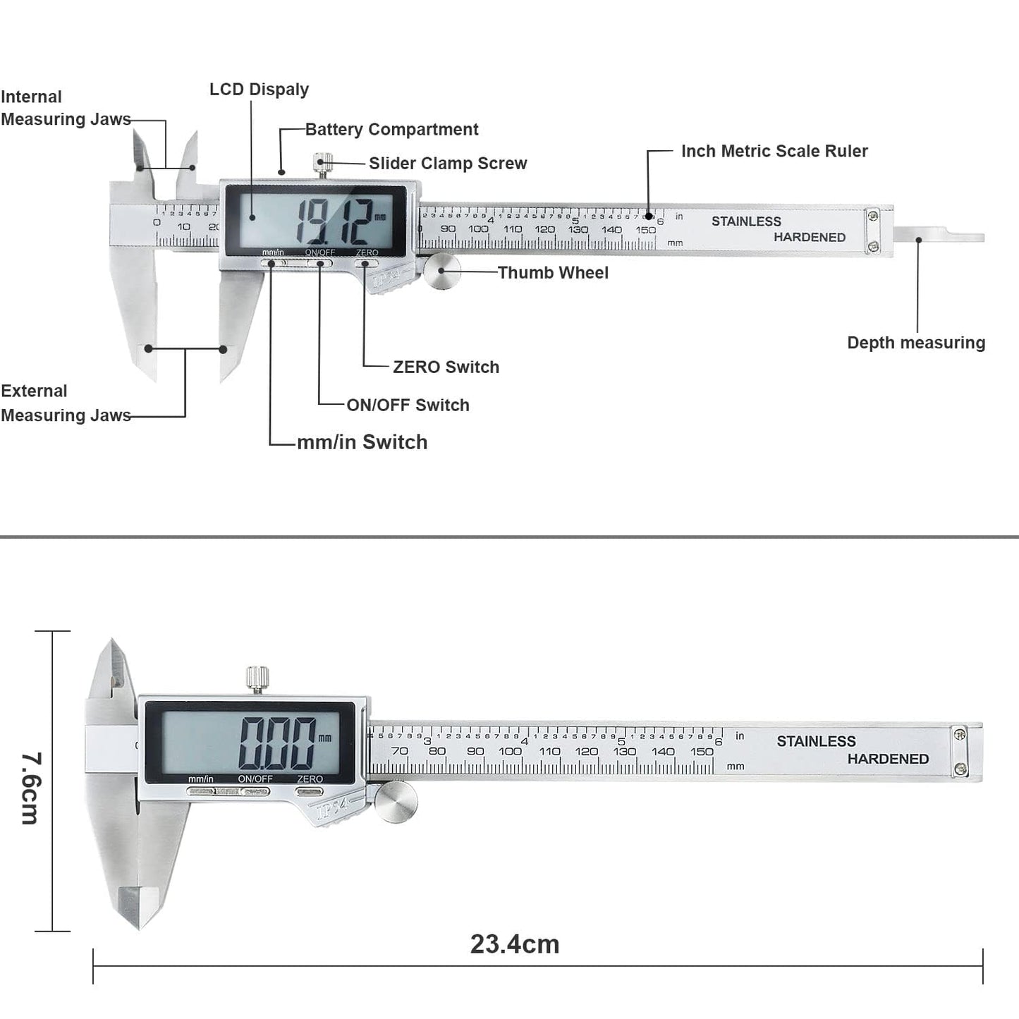 Electronic Digital Vernier Caliper, LOUISWARE Stainless Steel Caliper 150mm/0-6 inch Measuring Tools with Extra-Large LCD Screen, inch/Metric Conversion