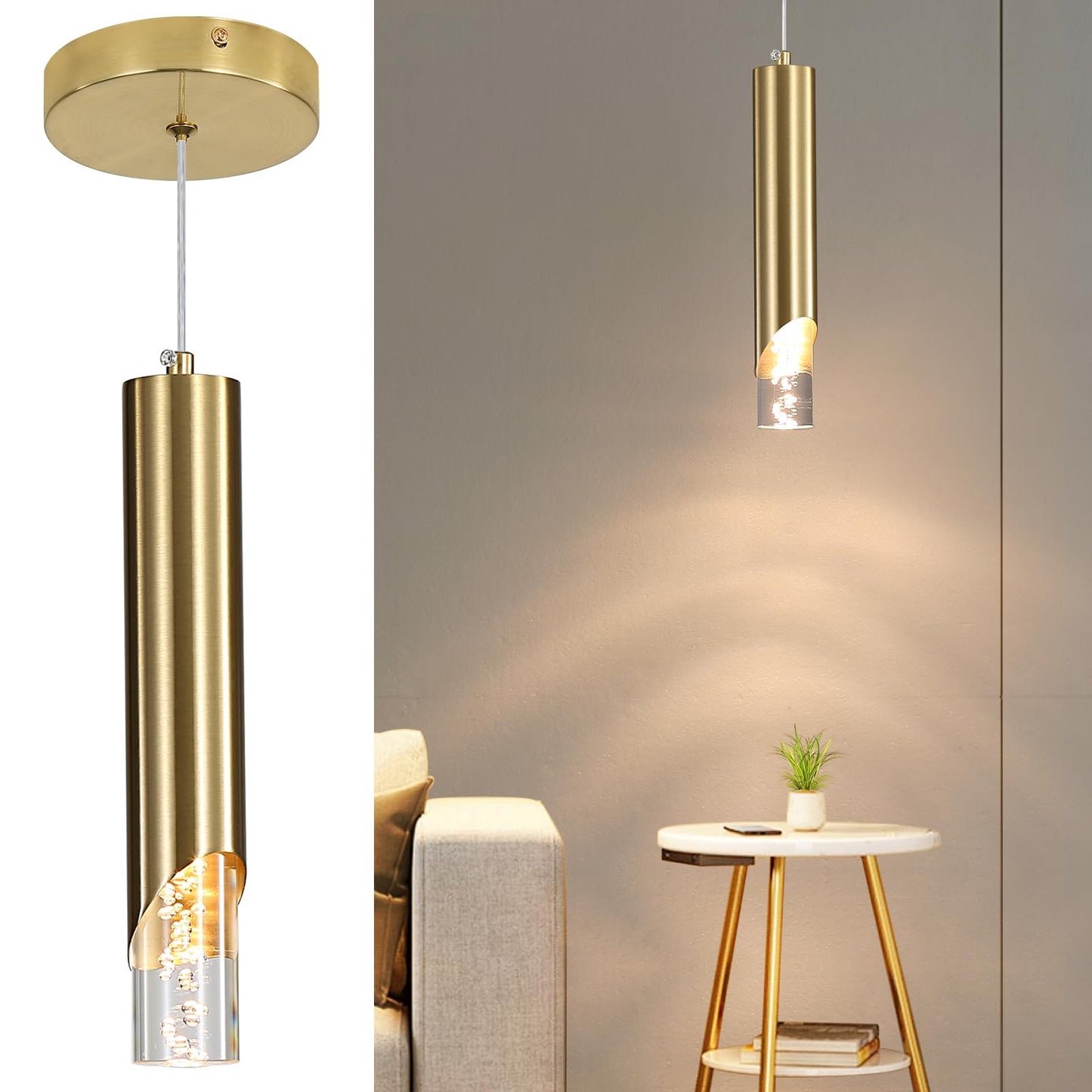 Modern Gold Pendant Light Fixture  Acrylic Bubble Cylinder Hanging Lights  3 Color 2700K/4500K/6500K  Minimalist Ceiling Chandelier Lighting For Dining Room  Bedroom  Hallway  Bar  Kitchen Island