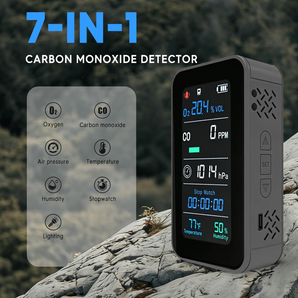 GZAIR Portable 7-in-1 Multi Gas Detector, O2 CO Gas Monitor with Temperature Humidity Air Pressure Sensors, Rechargeable Device with Data Logging and Flashlight