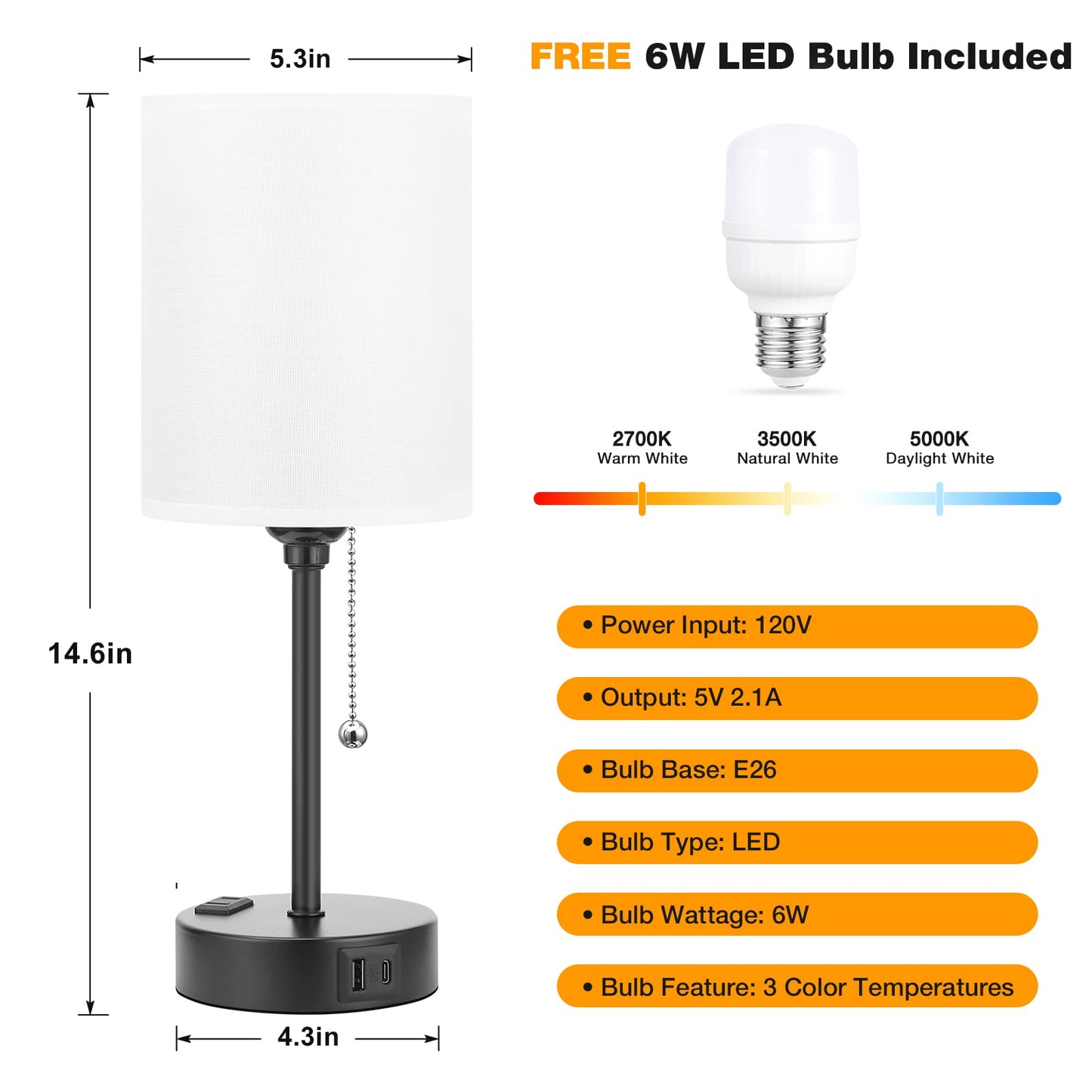 Dicoool Small Bedroom Lamps with USB Ports, 3 Color Temperatures 2700K/3500K/5000K, White, Model 15-1, Black Metal Base