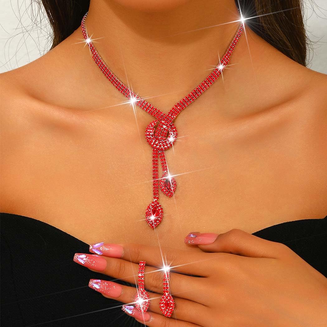 Unicra Red Rhinestone Bridal Wedding Jewelry Set Crystal Necklace Earrings Sets Formal Prom Costume Jewelry Sets for Women and B