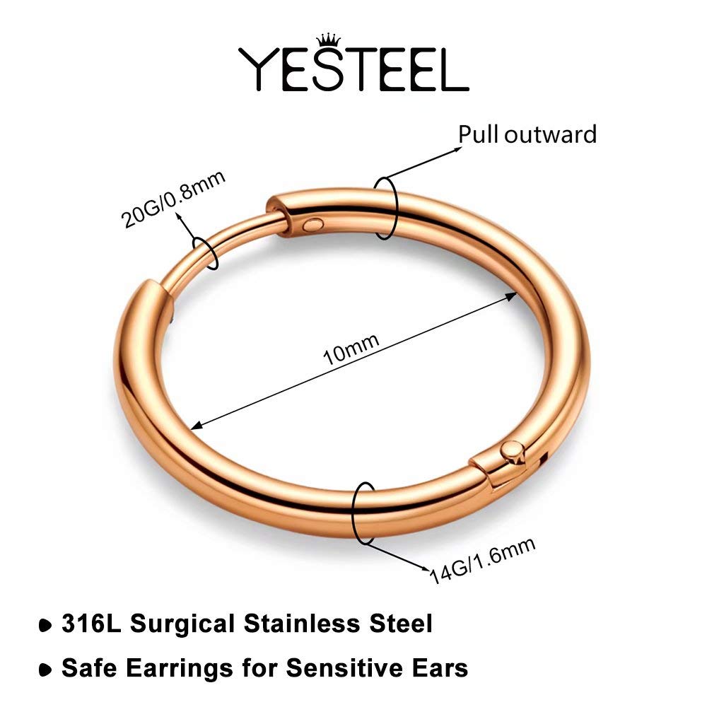 10MM Surgical Steel Hoop Earrings, Rose Gold Huggie Earrings for Women Hypoallergenic, 20G Small Cartilage Hoops Huggy Earring f