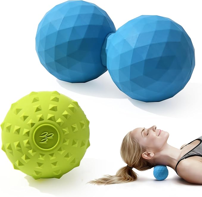 Peanut & Spiky Massage Ball Set, Double Lacrosse Peanut Roller + Firm Spiky Ball for Deep Tissue Myofascial Release, Trigg...