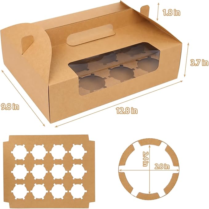 FORBFAN Cupcake Boxes 12 Count with Handle, 30 Pcs Kraft Portable Muffin Boxes, Gable Party Favor Treat Boxes for Wedding Birthday Party