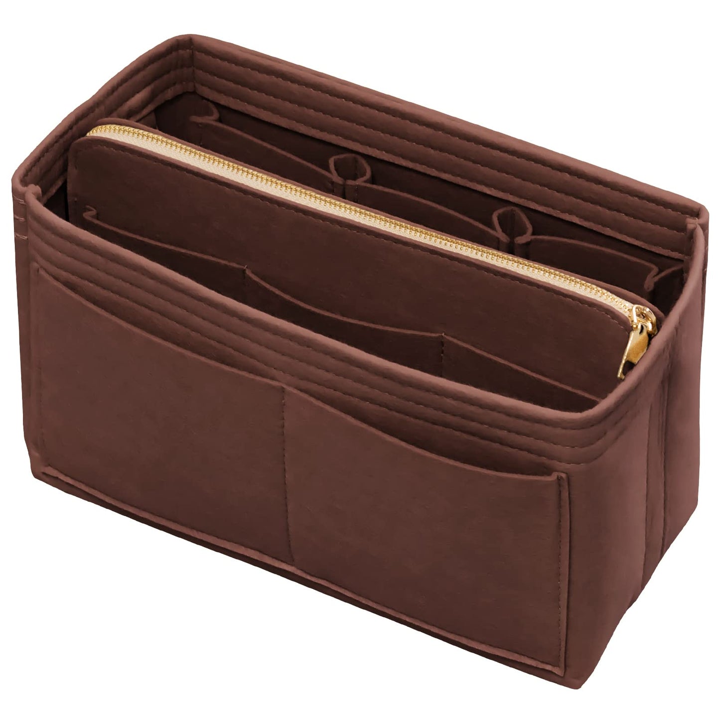 DailyPlus Purse Organizer Insert with Zipper & Key Chain Felt Bag Organizer for Tote Purse Handbag Brown Medium