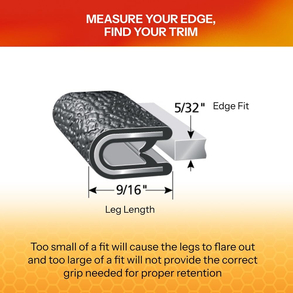 TRIM-LOK Edge Trim - Fits 5/32" Edge, 9/16” Leg Length, 25’ Length - Dual Gripping Fingers - Black, Pebble Texture - Flexible PVC Edge Protector