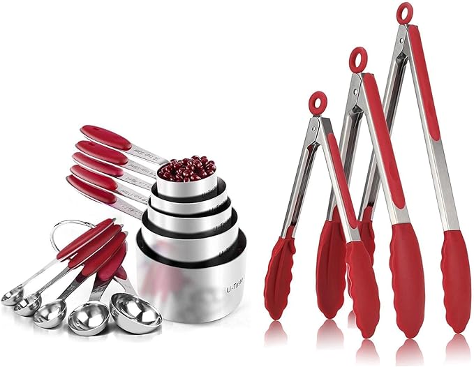 U-Taste 18/8 Stainless Steel Measuring Cups and Spoons Set and 600ºF High Heat-Resistant Kitchen Tong Set (Red)