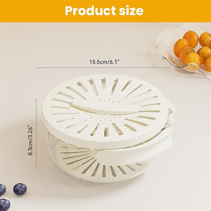2 in 1 Draining and Preservation Basket, 2 in 1 Drainer and Strainer, Draining and Preservation Basket, Rotating Lid Mechanism, Multifunctional Fruit and Vegetable Washing Bowl (White, Small)