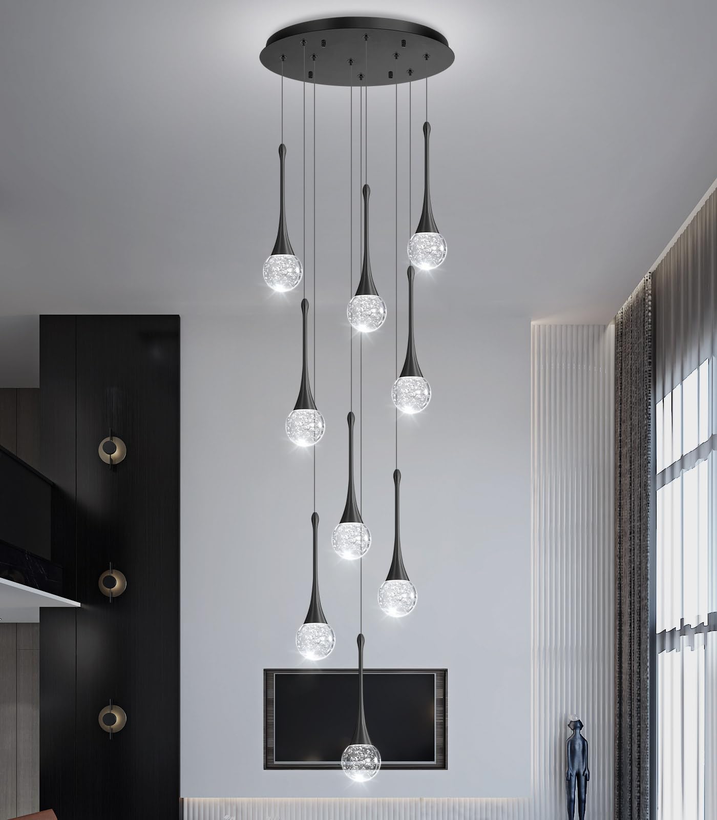 9 Light Modern Glam Crystal Chandelier For High Ceiling Led Dimmable Ceiling Pendant Light Staircase Foyer Enterway Living Room Chandelier Lighting Antique Black