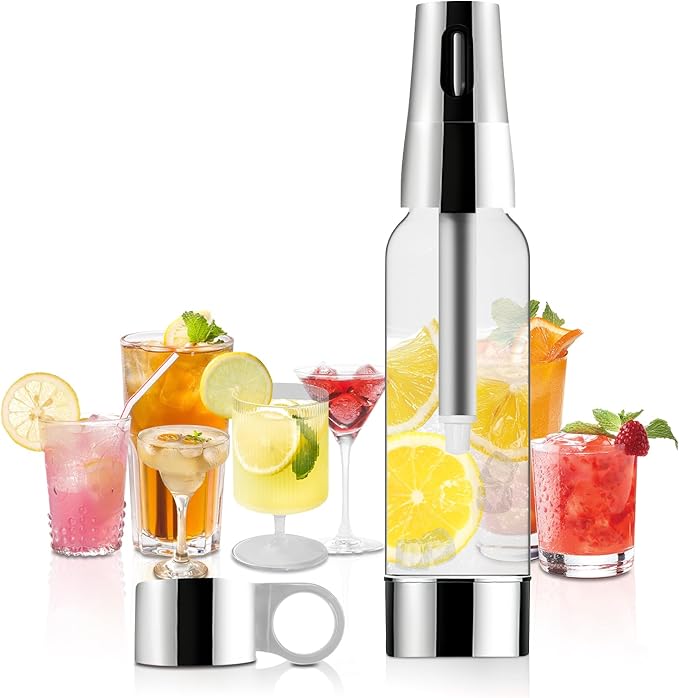 Sparkling Water Maker, Portable Soda Maker with 1L PET Carbonating Bottles, Soda Water Maker for Flavored Drinks, Soda Machine (Silver)