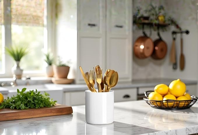 Utensil Holder, 6.3"+4.7" Ceramic Kitchen Utensil Holder for Countertop, Large Cooking Utensil Crocks for Kitchen Counter Decor, Morden Utensil Organizer for Spatula, Set of 2, White