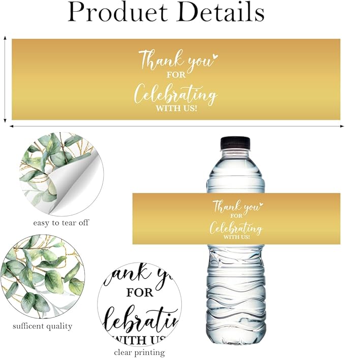 100PCS Wedding Water Bottle Labels Waterproof Greenery Floral Wraps Sticker for Water Bottle Baby Shower Bottle Label for Bridal Shower Party Welcome（Glod）