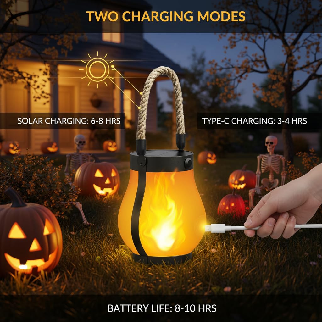Kaliqo Solar Lantern Outdoor Lights - Waterproof Solar-Powered & Usb Rechargeable Outdoor Lantern With Realistic Flickering 3D Flame  Boho Rope Design  Dancing Flame Light For Patio  Yard (2 Pcs)