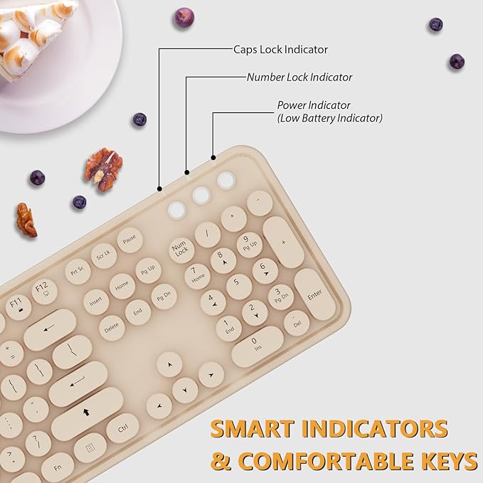 Wireless Keyboard,KOOTOP Cute Colorful 104 Keys Typewriter Retro Round Keycaps Keyboard for PC Laptop,Desktop,Windows, Home and Office Keyboards, s500 coffee