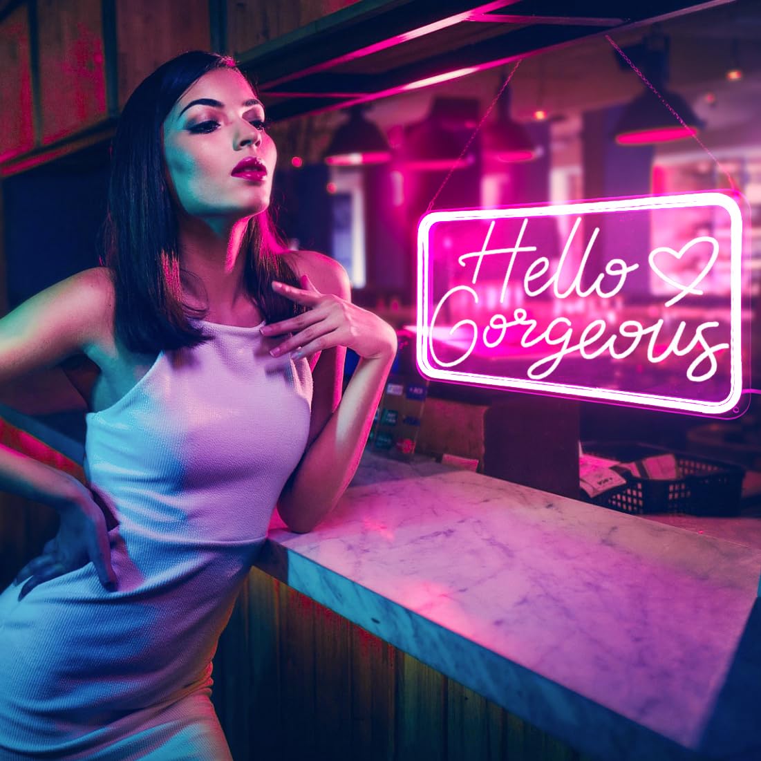 welltodo Neon Sign - Hello Gorgeous Pink Bedroom Decor, Dimmable, 15.95 x 8.75 inches