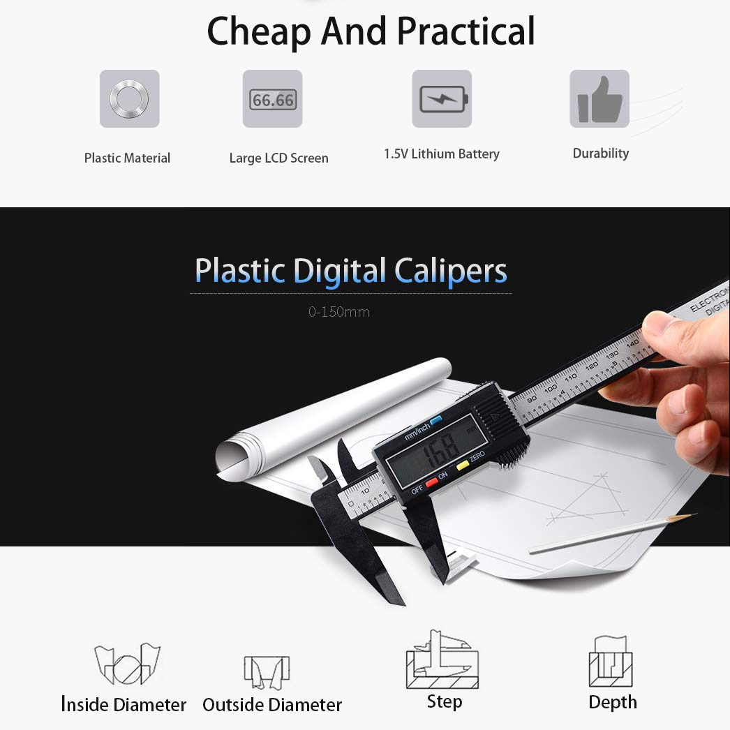 Electronic Digital Calipers, inch and Millimeter Conversion,LCD Screen displays 0-6" Caliper Measuring Tool, Automatic Shutdown, Suitable for DIY/Jewelry Measurement (New150mm Black Plastic)