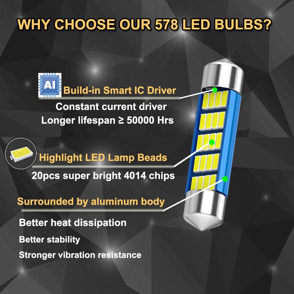 Xinyang 2Pcs 578 Festoon Led Car Bulb, 41Mm/42Mm, 20-Smd 4014, Aluminum, Bright White, Canbus Error Free, Model