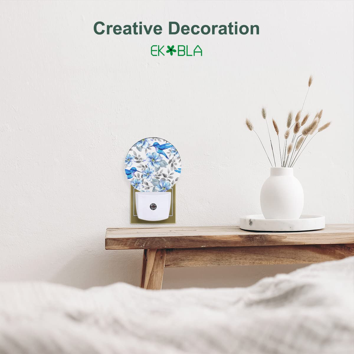 Ekobla Blue Hummingbirds Floral Night Light Birds Peony Flowers With Leaf Plug-In Nightlights Auto On/Off Led Lighting 0.5W Sleep Friendly For Men Women
