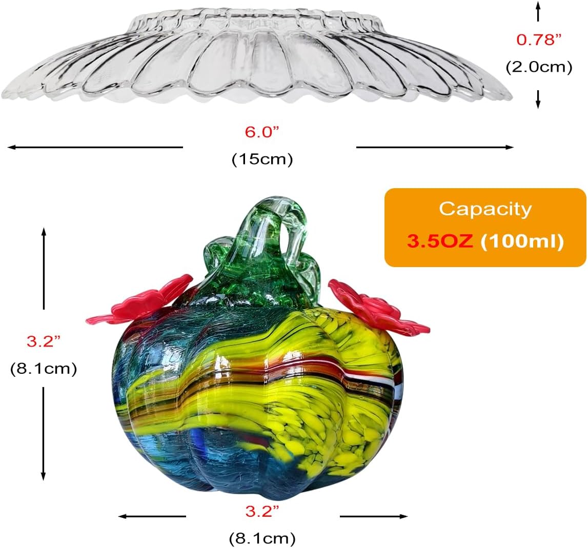Small Glass Hummingbird Feeders for Outdoors Hanging + Rain Cover - Hand Blown Glass Pumpkin Nectar Feeding, 2 Flowers Feeding Ports, Decor for Garden/Backyard Outside, Multi Color