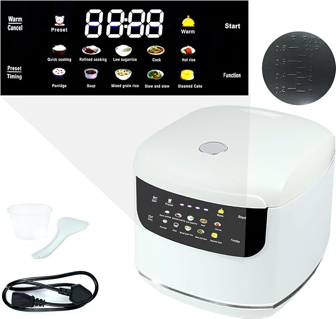 2L Mini Protable Rice Cooker,5 Cups Cooked/3 Cups Uncooked, 400W Non-Stick Rice Maker, 24 hours Timer Delay, 10 Functions, Fast Cooker,White