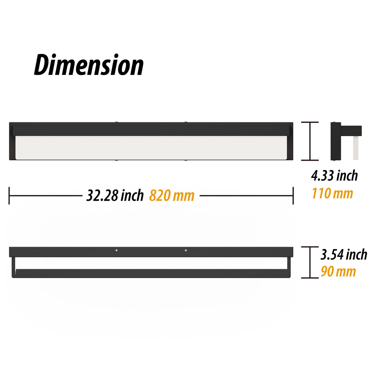 LIGHTINN LED Bathroom Vanity Light Fixture, 32.3in Modern Rectangle, Black Matte Metal, 4000K Daylight, Model 8890-24W-BLK
