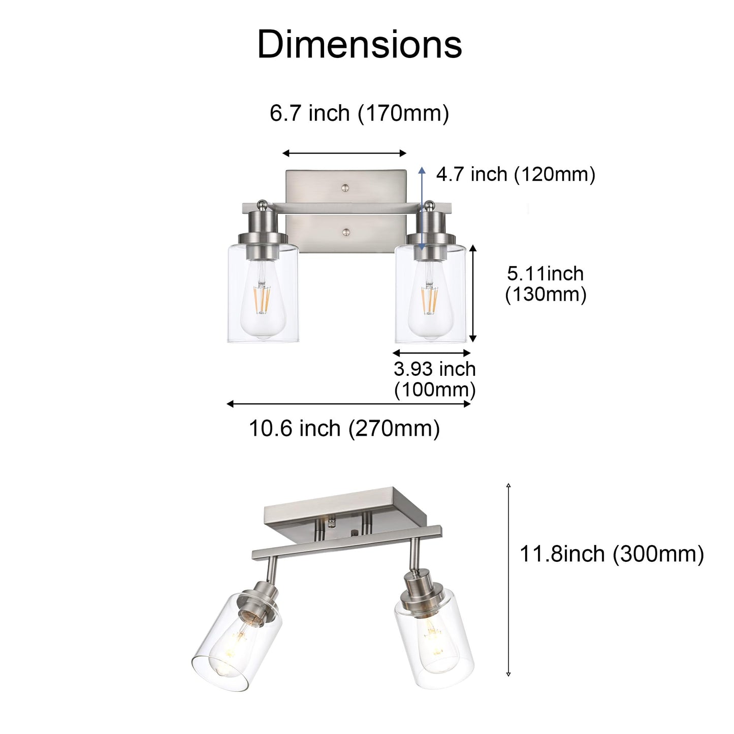 Wanluce 2 Light Track Lighting Kit Brushed Nickel Kitchen Track Lighting Fixtures Ceiling Mount Bathroom Vanity Wall Scones Light Fixture With Clear Glass  Rotatable Spotlight For Kitchen Shop Hallway