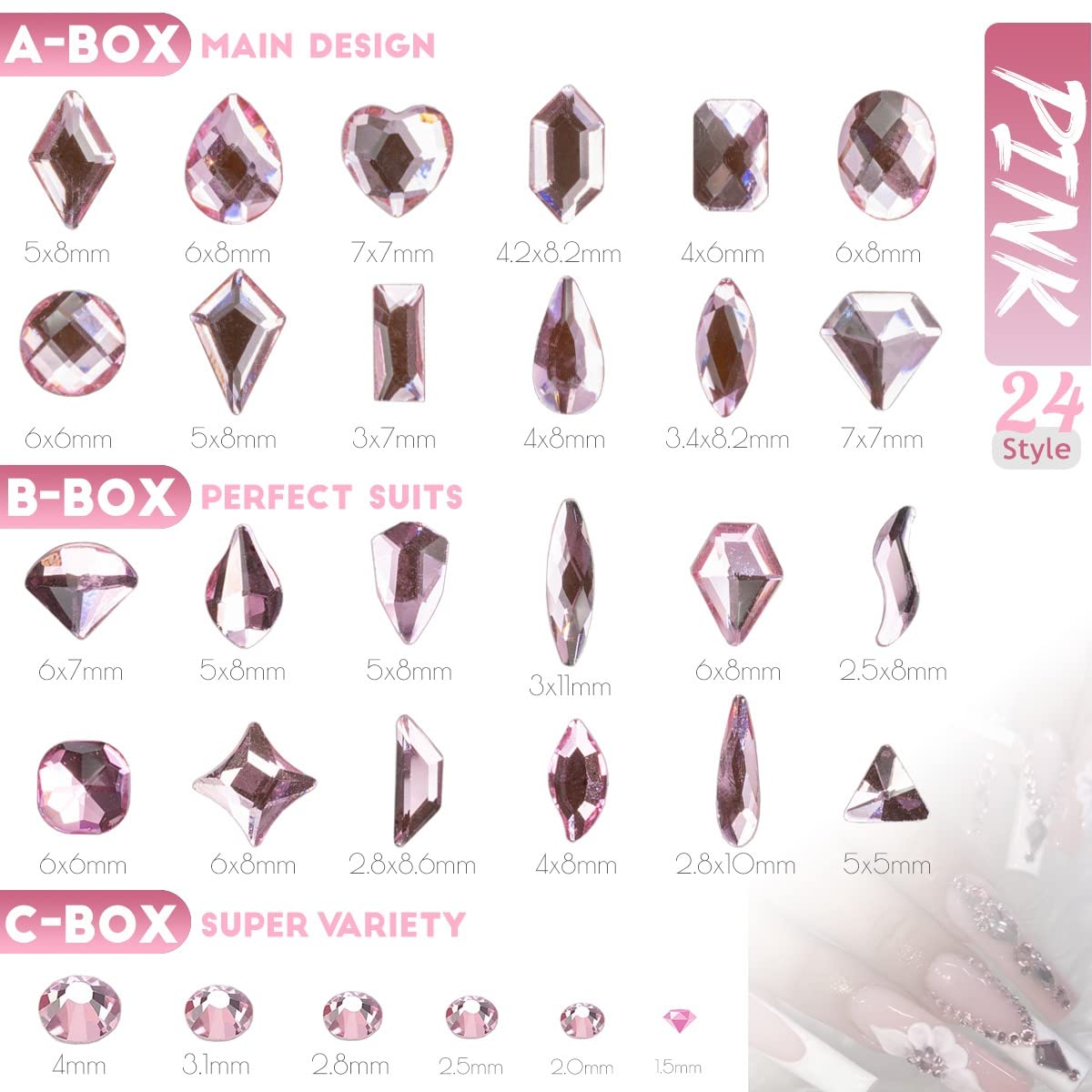 qiipii 3 Boxes Light Pink Nail Rhinestones 240 Multi-Shapes Flatback Big Gems Round Beads K9 Glass Stones Diamonds Jewels Nail A