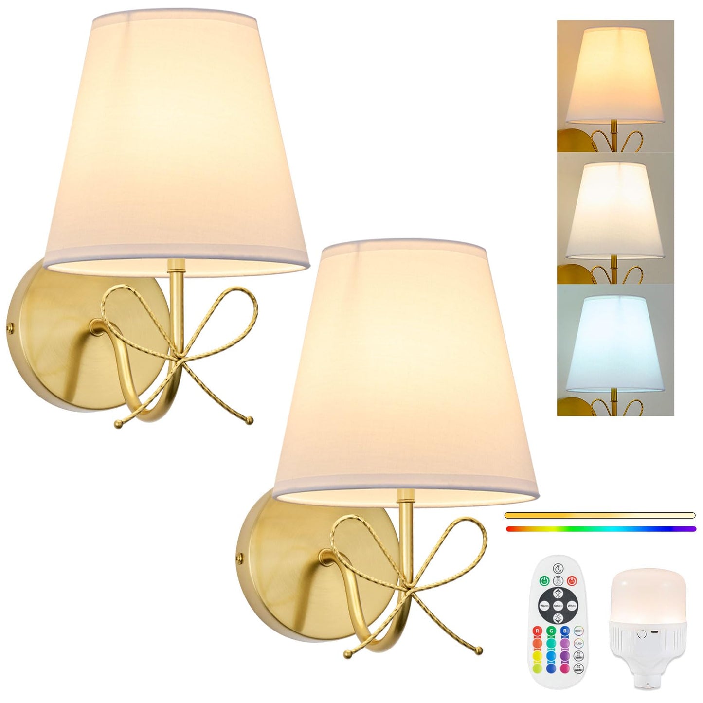 PASSICA DECOR Bow Wireless Wall Sconce Set of 2, Rechargeable Dimmable LED Lights, Polished Gold, Model U729-03-DP