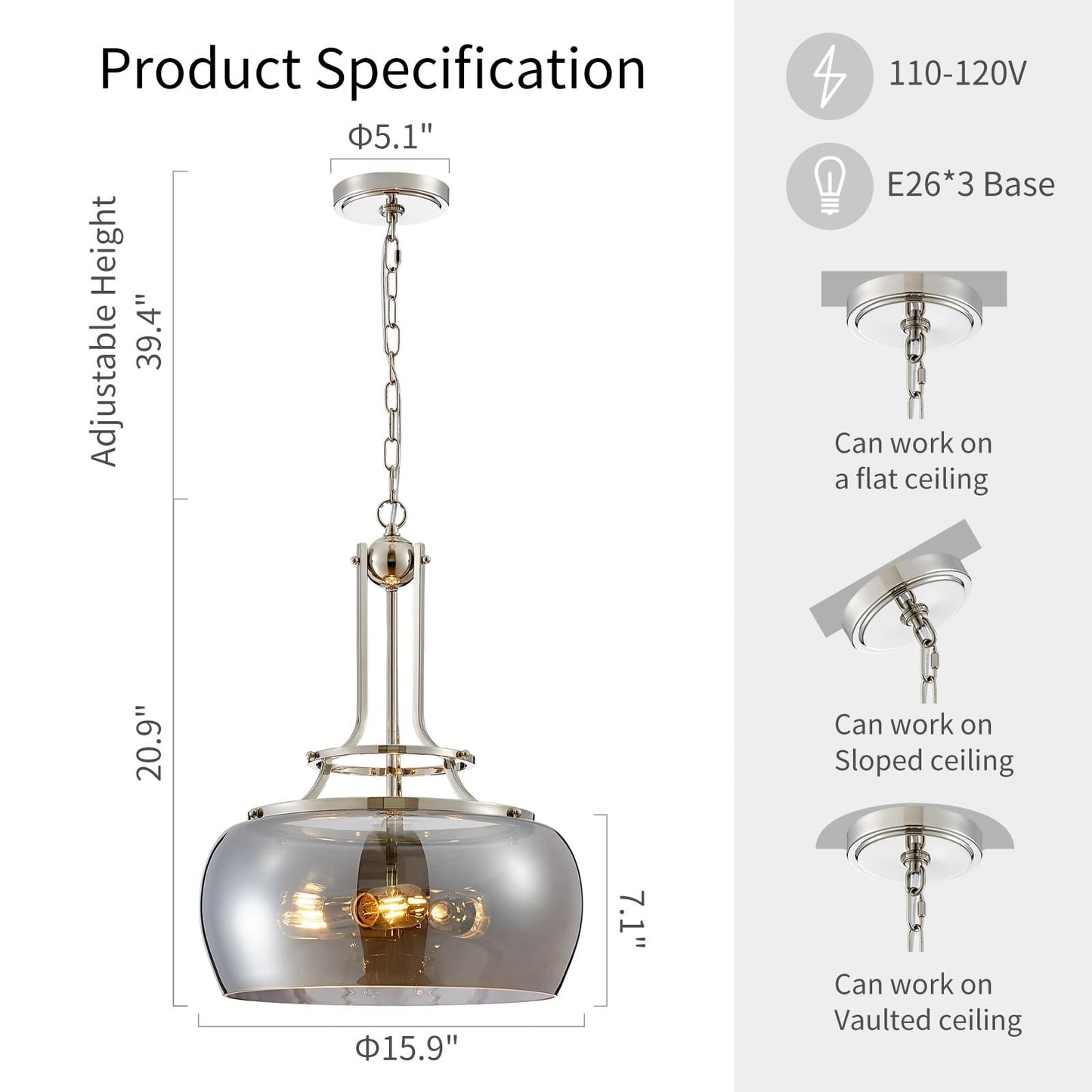 WUZUPS Nickel Chandelier Pendant Light Fixture, Electroplated Gray, 3-Light, H 20.9in W 15.9in, Model USHD30308GR