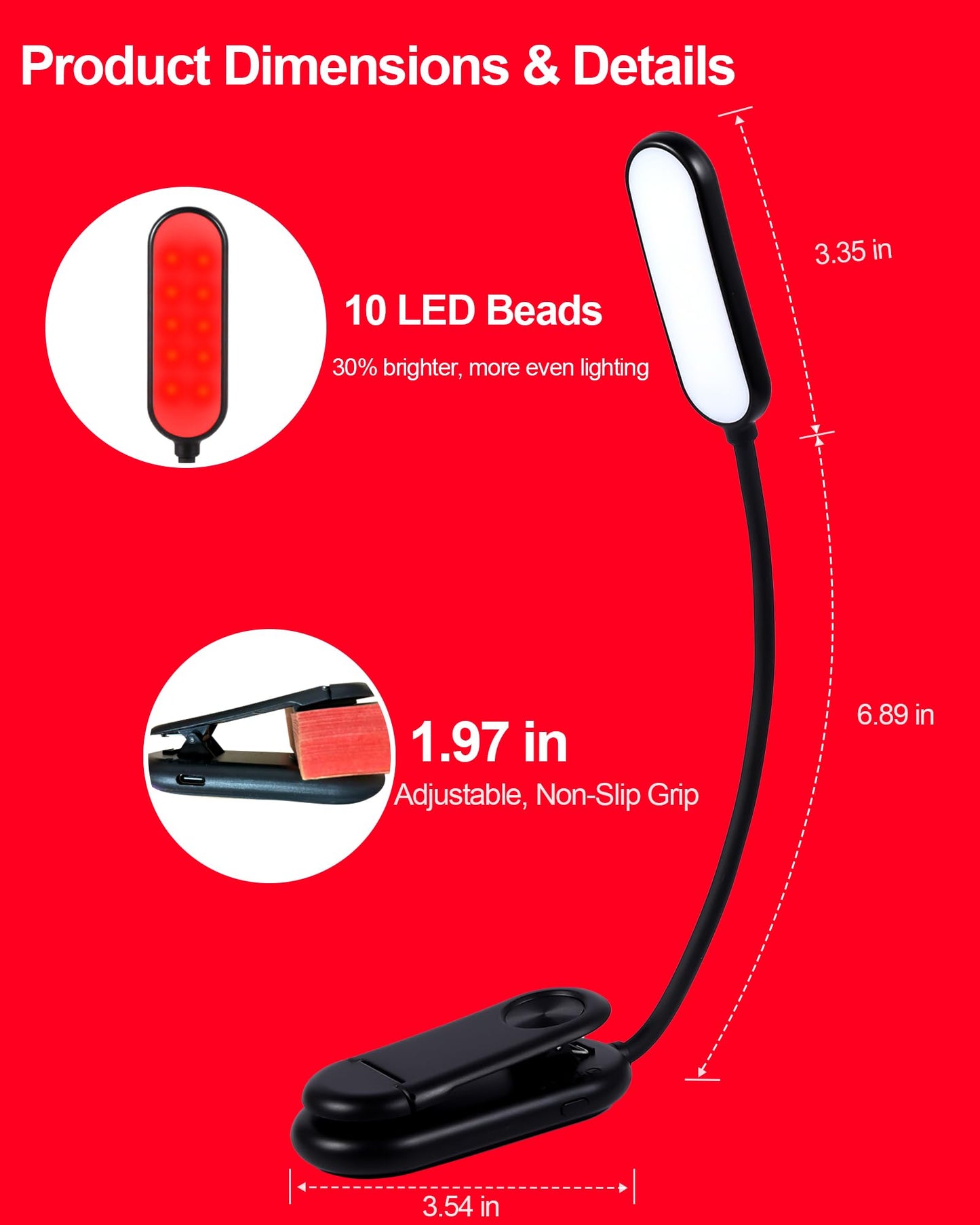 Finezeal 625Nm Red Book Light - Rechargeable Clip On Red Reading Light Therapy For Sleep - No Blue-Light  Poratble Led Book Lamp  Gift For Kids Students Travel Nursing Studying - 3 Adjustable Modes