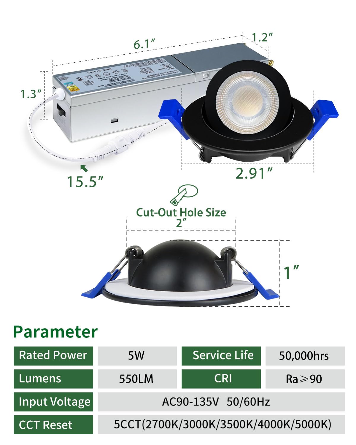 Zouzai 2 Inch 5Cct Gimbal Black Led Recessed Lighting With Junction Box  360+90 Adjustable Led Recessed Lights  2700K/3000K/3500K/4000K/5000K  5W Eqv 50W  550Lm Brightness - Etl (Black  6 Pack)